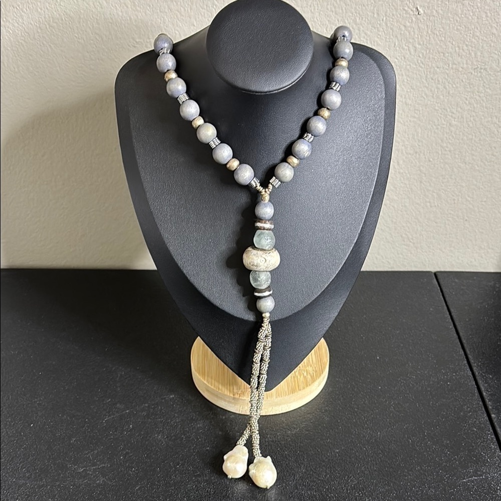 Stone Beaded Lariat Silver Tone Baroque Pearls Unique Necklace Handcrafted